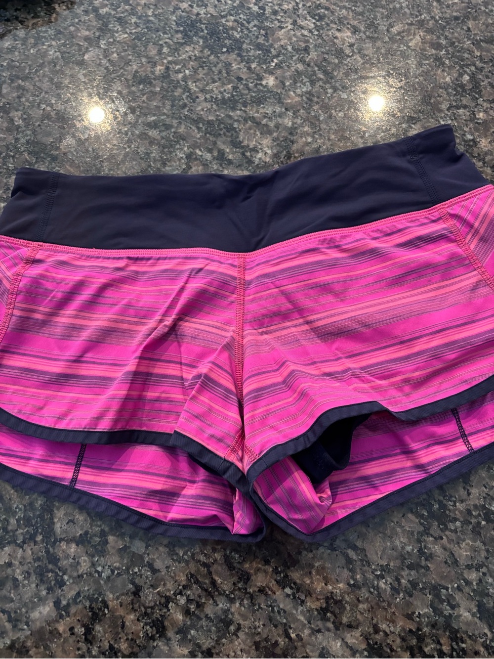 lululemon Pink Striped speed Shorts with navy Waistband